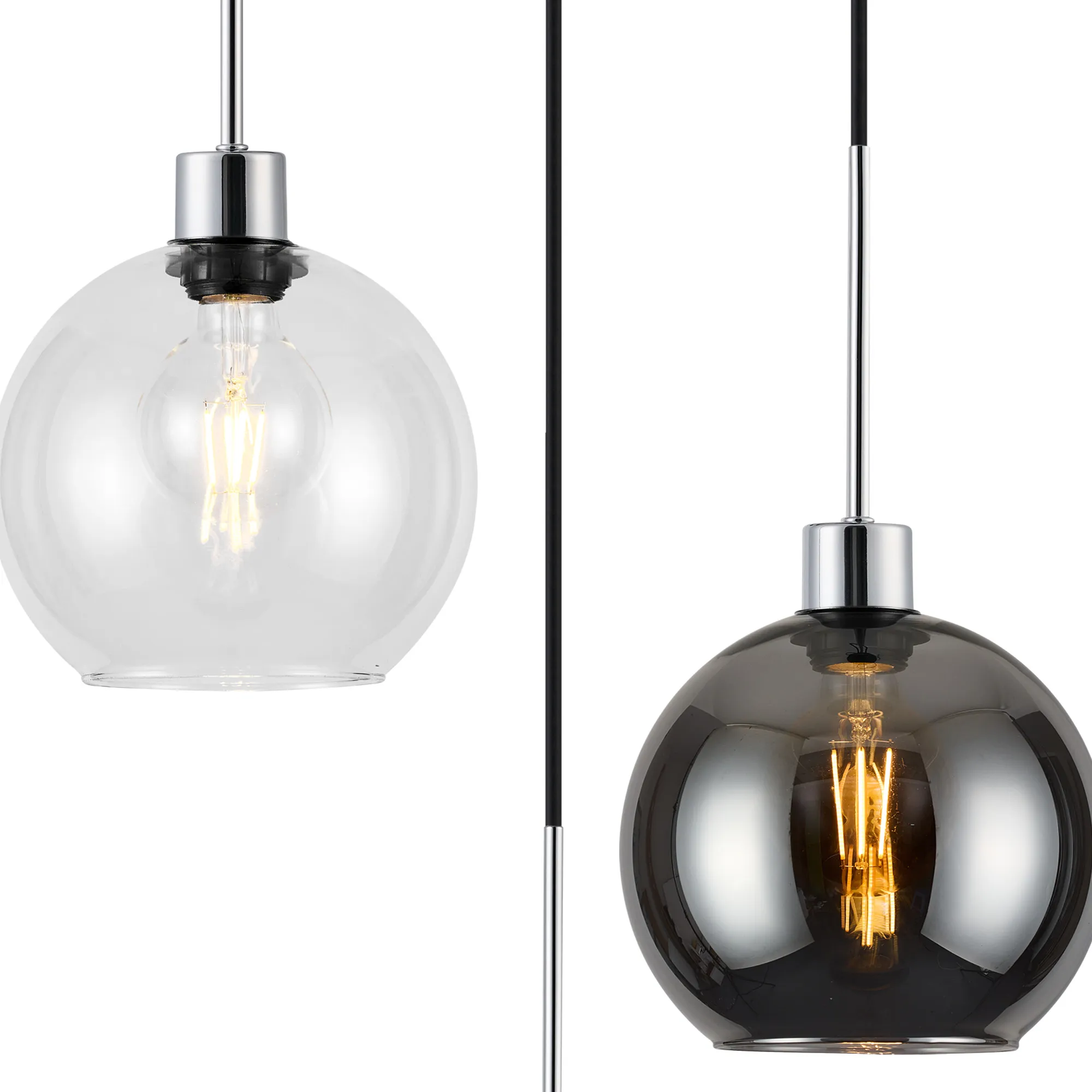 Lori 40cm Round Pendant, 3 Light Adjustable E27, Polished Chrome/Clear/Smoke Open Mouth Round Globe Shades DK1274  Deco Lori Polished Chrome